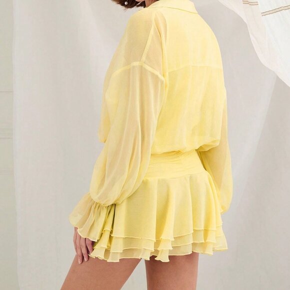Yellow Romantic Women's Lace Ruffle Long Sleeve Mini Dress - Picture 2 of 7